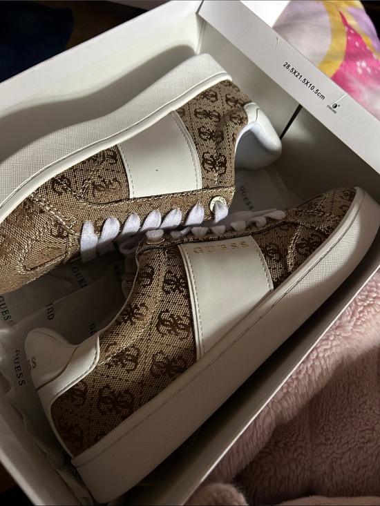 Guess Shoes - GUESS Beige Logo-Print Low Top Sneakers with White Accents